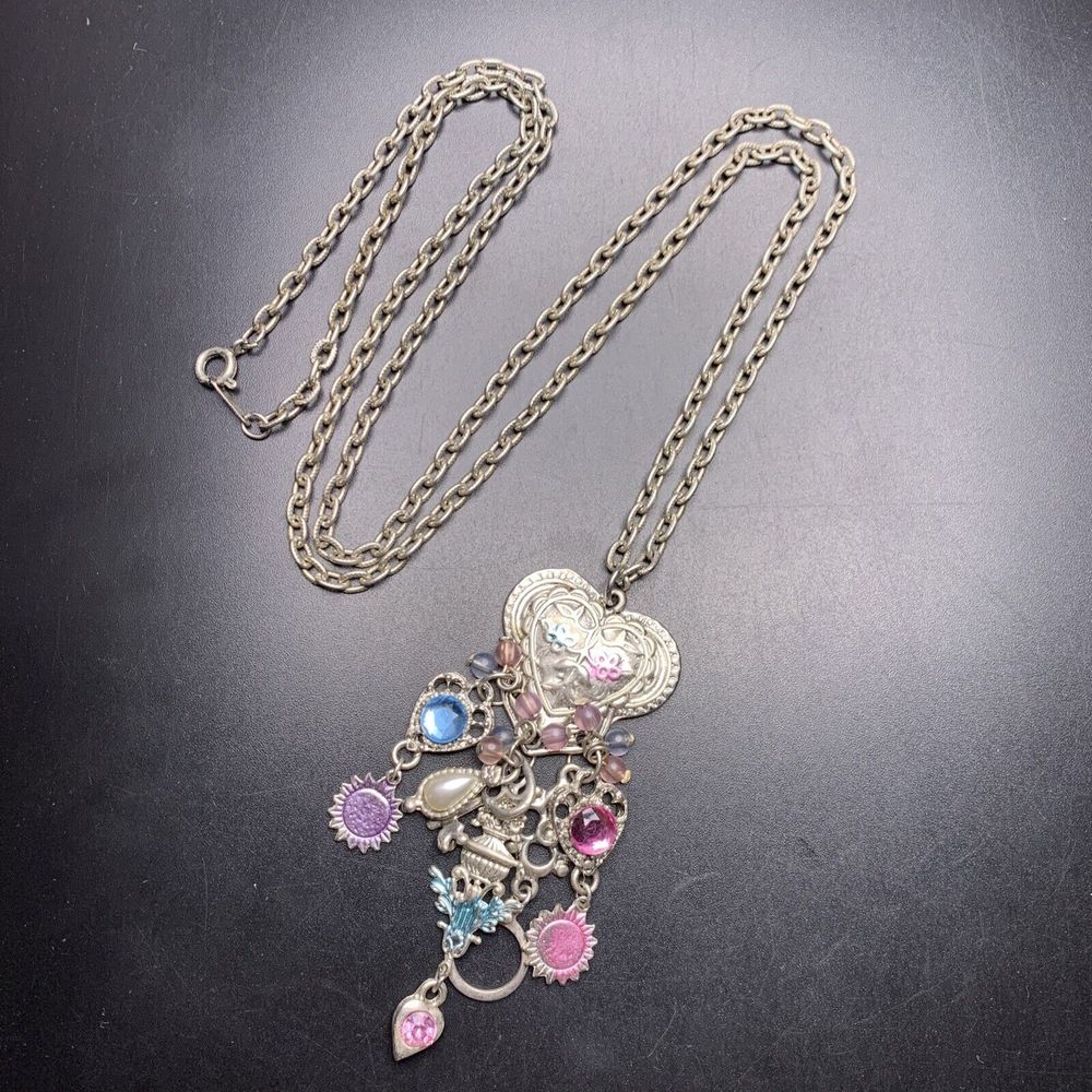 Long Silver Charm Pendant Necklace Heart Whimsical Romantic Pink Blue Vintage